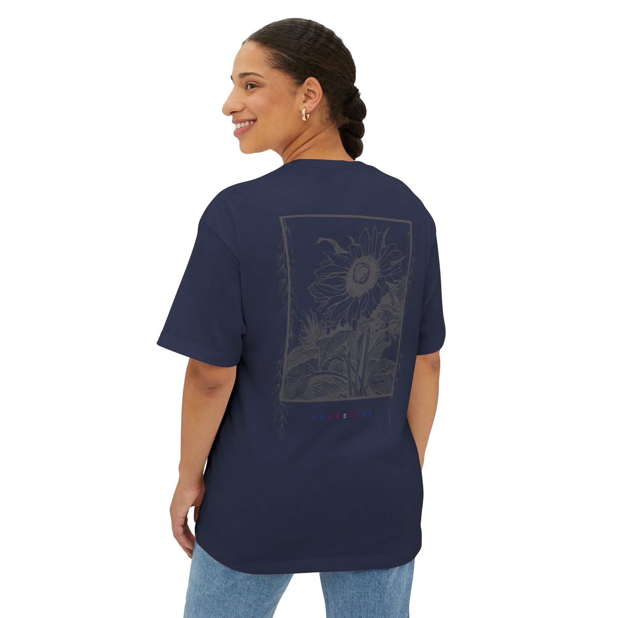 Grayed Sunflower Gothic Graphic Oversized Transcend T-Shirt (Unisex) Navy