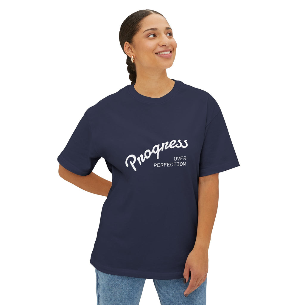 Progress Over Perfection Graphic Oversized Boxy T-Shirt (Unisex) Navy