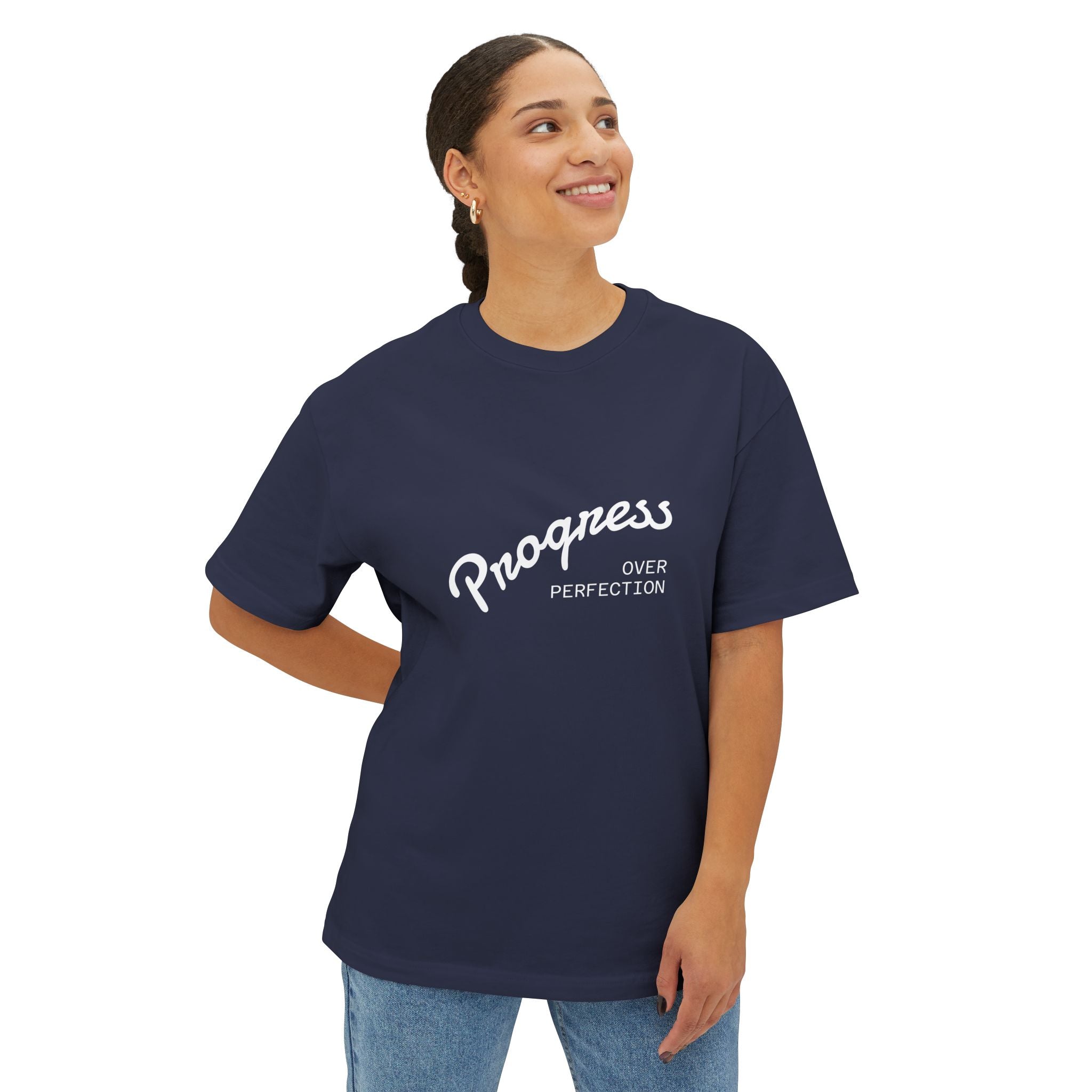 Progress Over Perfection Graphic Oversized Boxy T-Shirt (Unisex) Navy