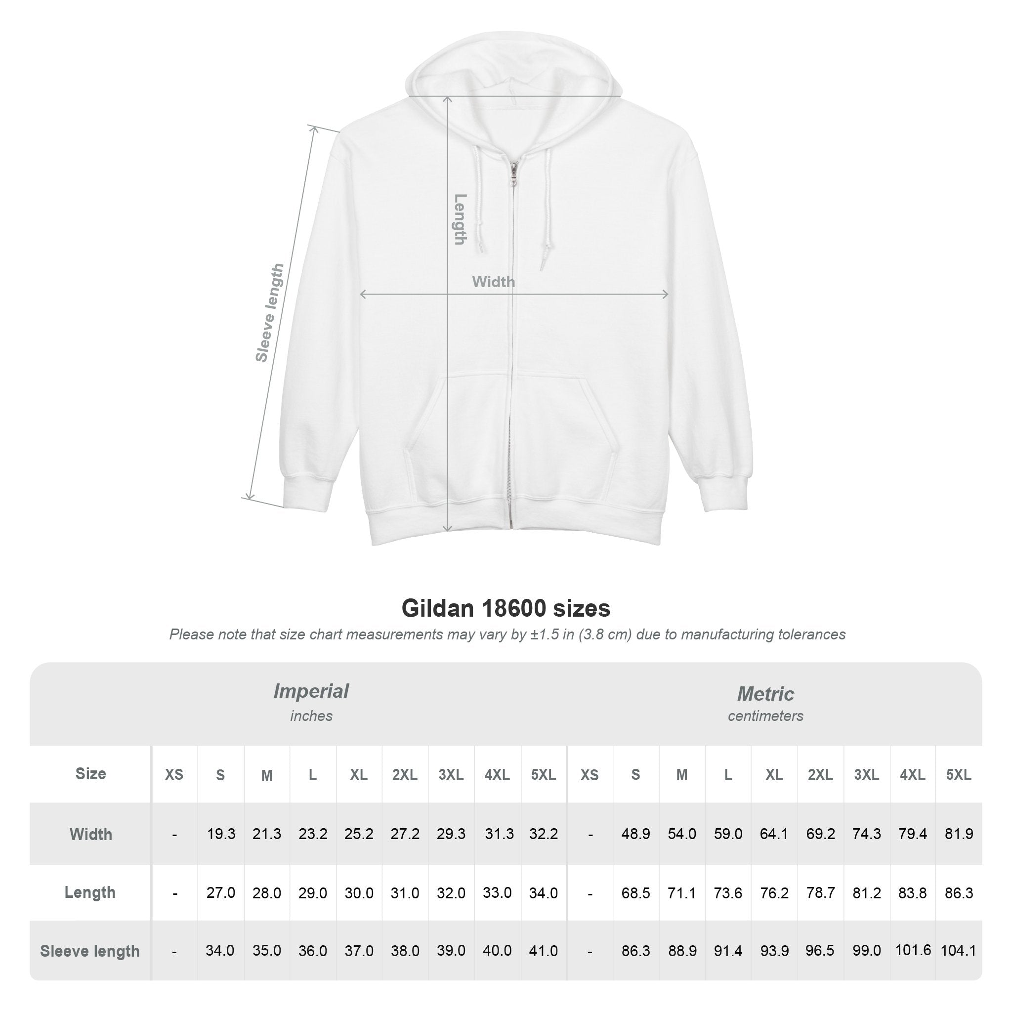 Nightmare Collection Zip-Up Transcend Hoodie (Unisex) Size Chart