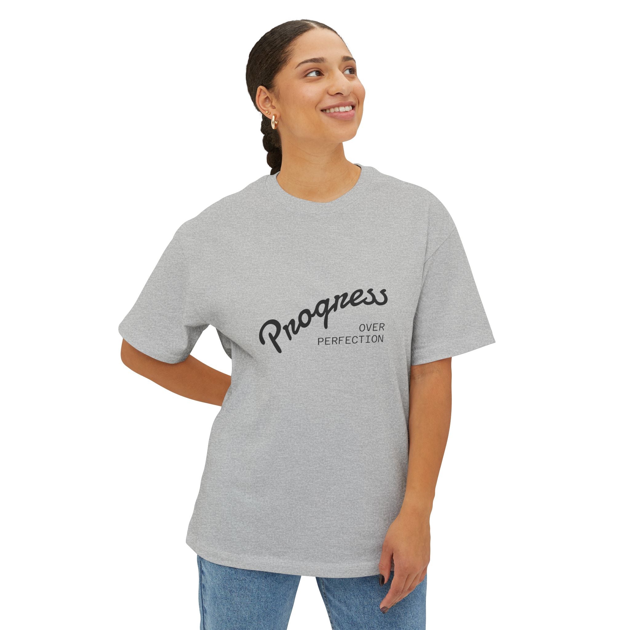 Progress Over Perfection Graphic Oversized Boxy T-Shirt (Unisex) Athletic Grey