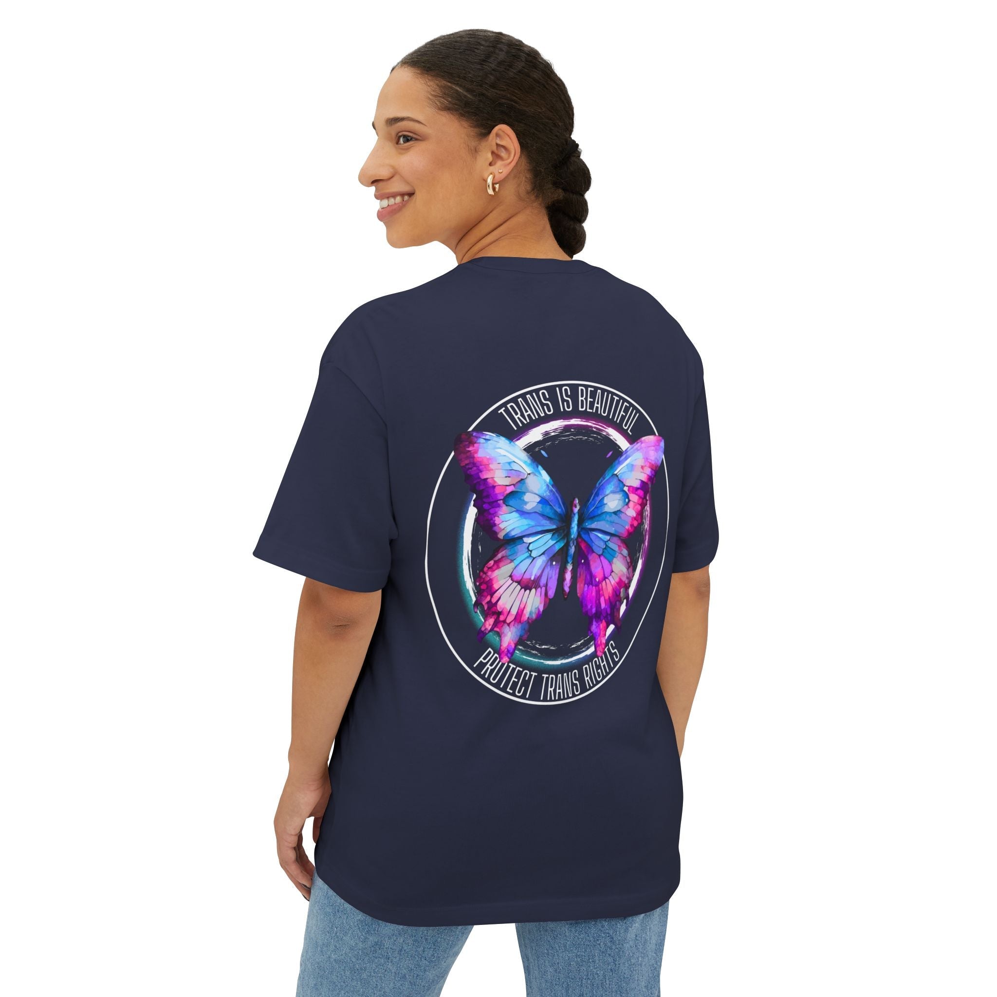 Trans Is Beautiful Butterfly Graphic Comfy Cotton T-Shirt (Unisex) Navy