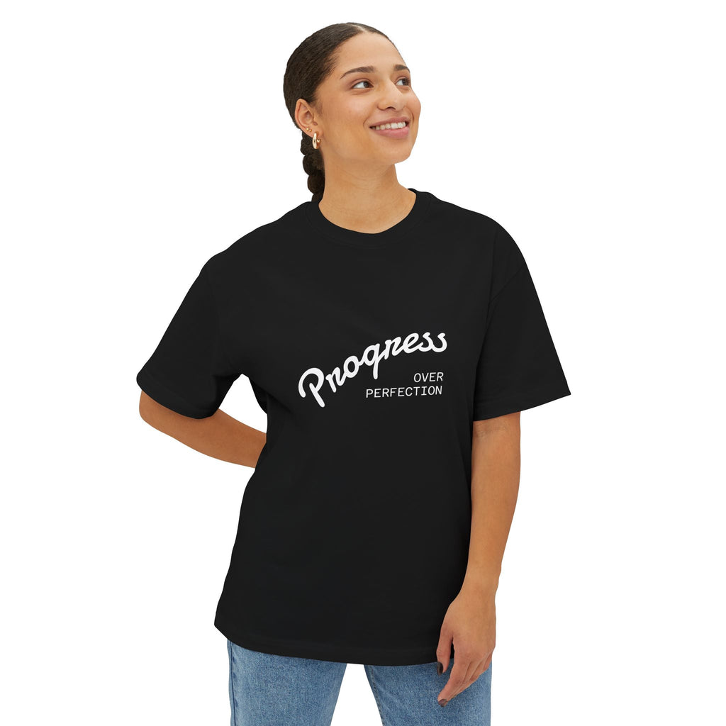 Progress Over Perfection Graphic Oversized Boxy T-Shirt (Unisex) Black